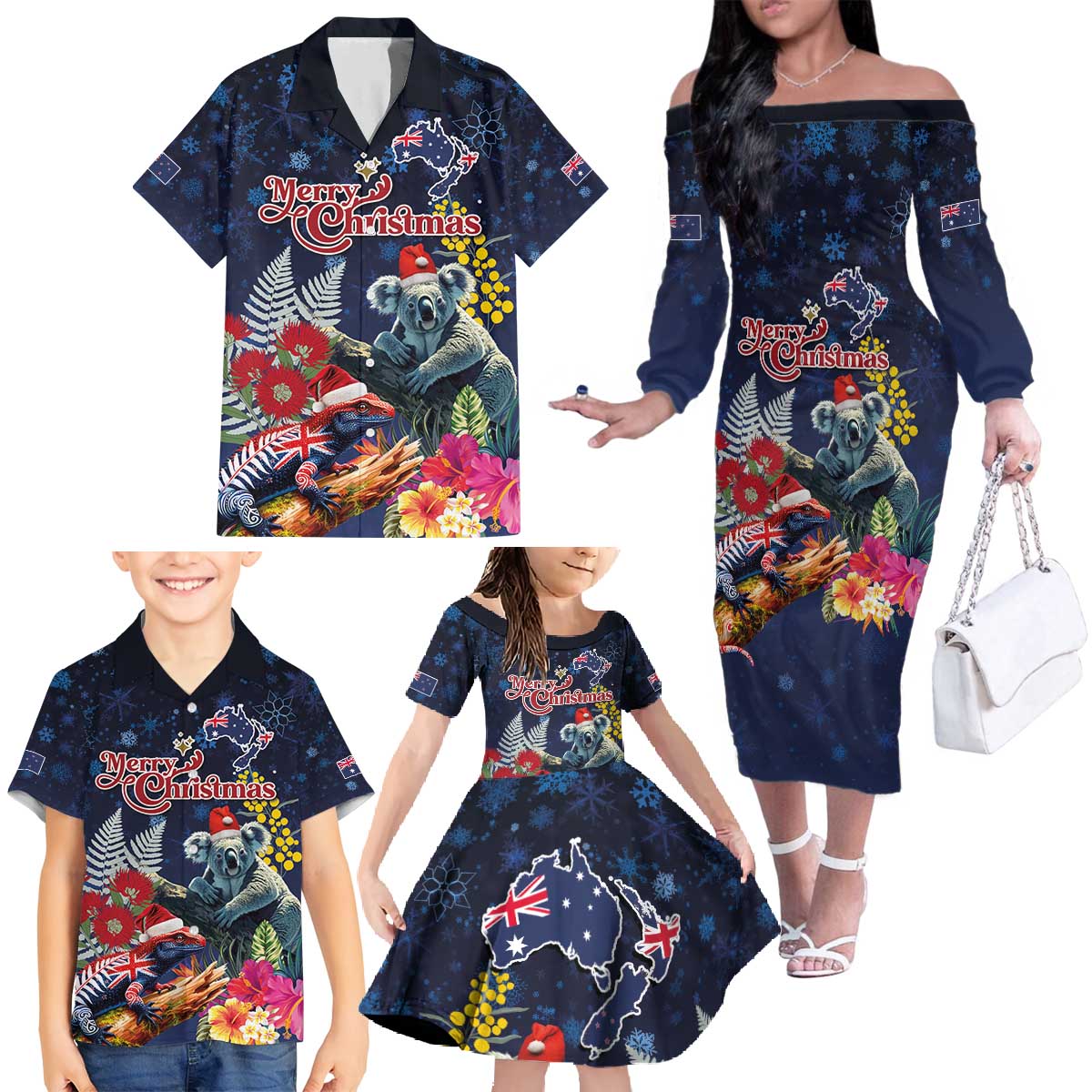 Australia and New Zealand Family Matching Off The Shoulder Long Sleeve Dress and Hawaiian Shirt Merry Christmas-Tuatara and Koala with Plants Xmas Style