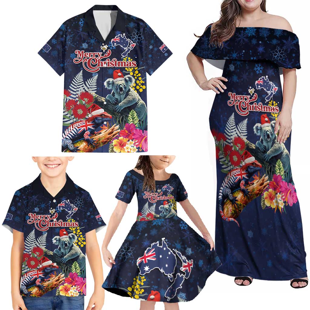 Australia and New Zealand Family Matching Off Shoulder Maxi Dress and Hawaiian Shirt Merry Christmas-Tuatara and Koala with Plants Xmas Style