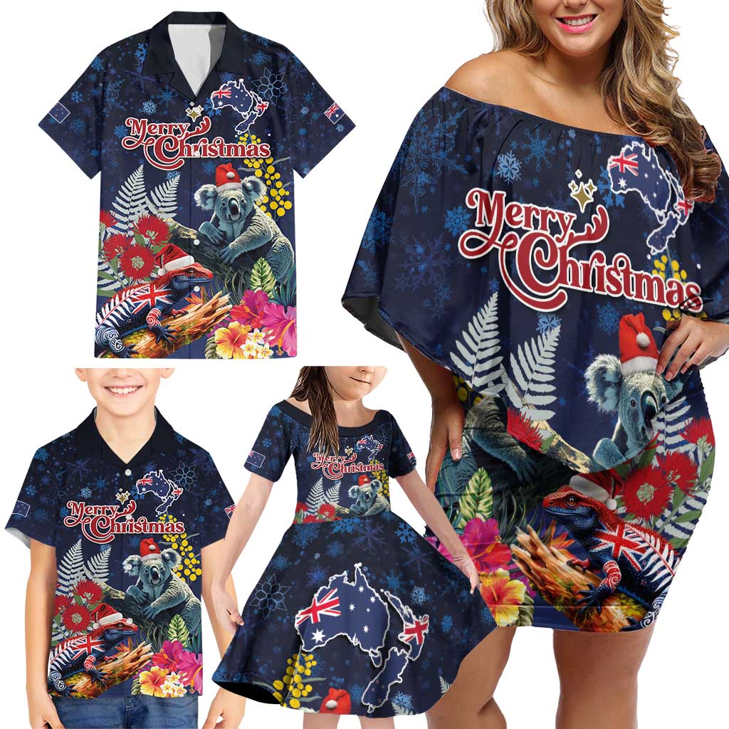 Australia and New Zealand Family Matching Off Shoulder Short Dress and Hawaiian Shirt Merry Christmas-Tuatara and Koala with Plants Xmas Style
