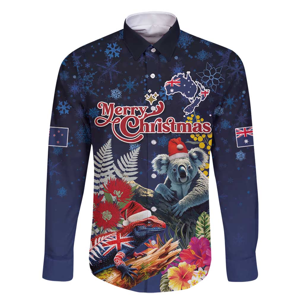 Australia and New Zealand Family Matching Off Shoulder Short Dress and Hawaiian Shirt Merry Christmas-Tuatara and Koala with Plants Xmas Style
