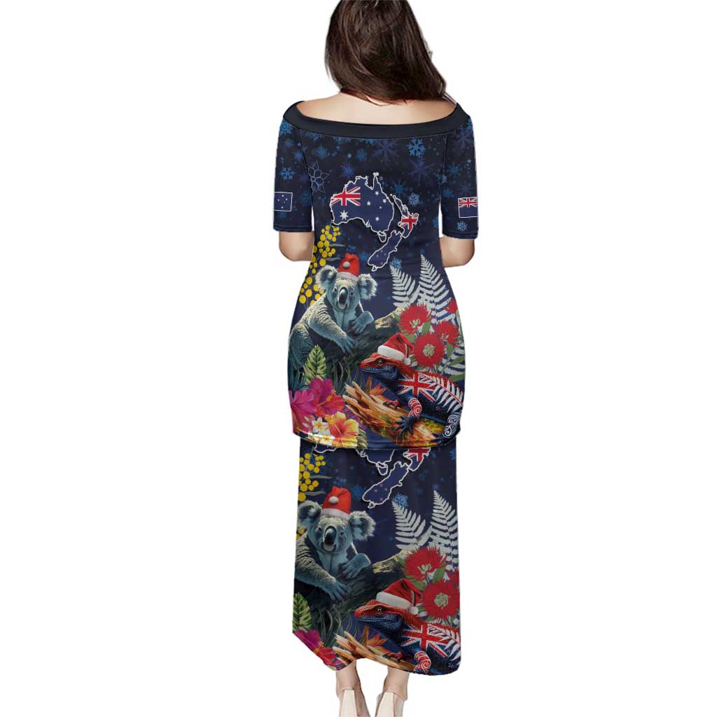 Australia and New Zealand Family Matching Puletasi and Hawaiian Shirt Merry Christmas-Tuatara and Koala with Plants Xmas Style