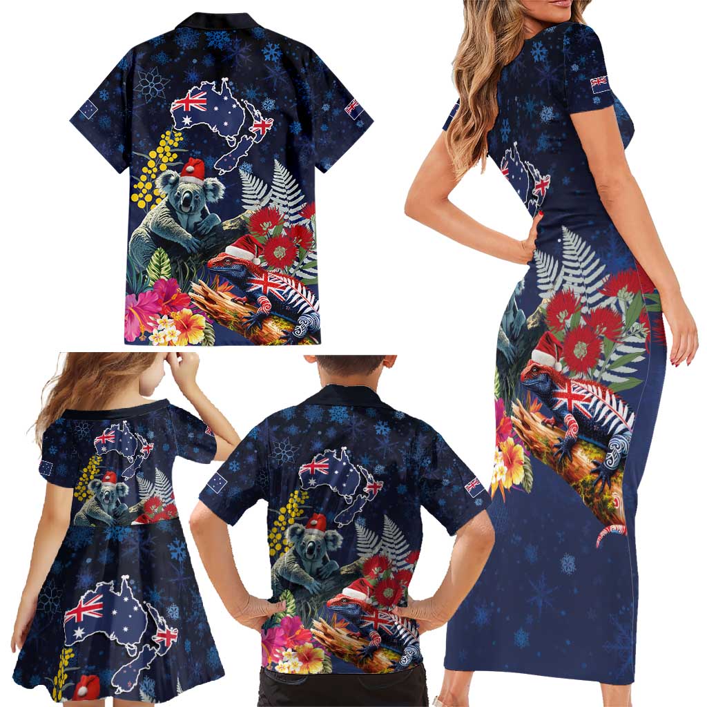 Australia and New Zealand Family Matching Short Sleeve Bodycon Dress and Hawaiian Shirt Merry Christmas-Tuatara and Koala with Plants Xmas Style