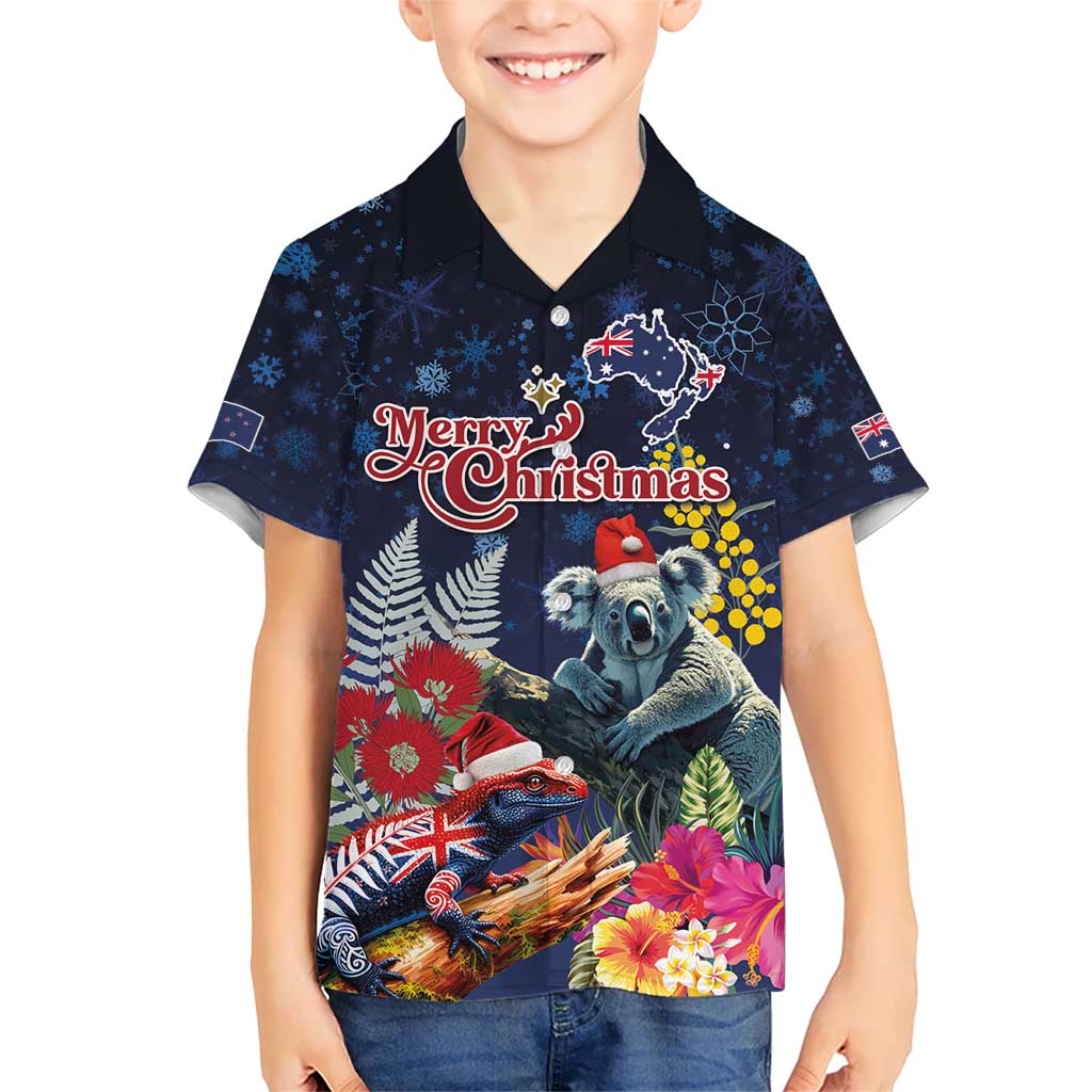 Australia and New Zealand Kid Hawaiian Shirt Merry Christmas-Tuatara and Koala with Plants Xmas Style