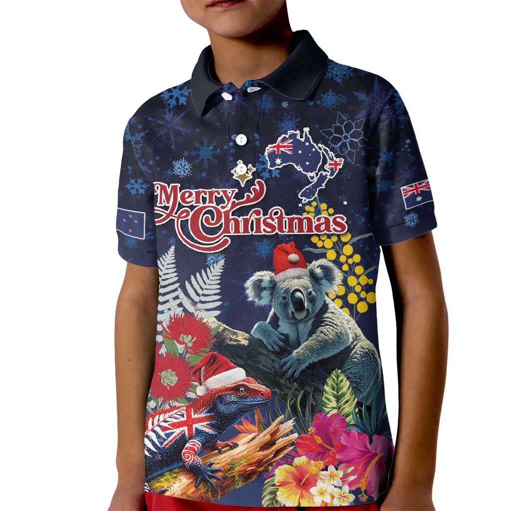 Australia and New Zealand Kid Polo Shirt Merry Christmas-Tuatara and Koala with Plants Xmas Style