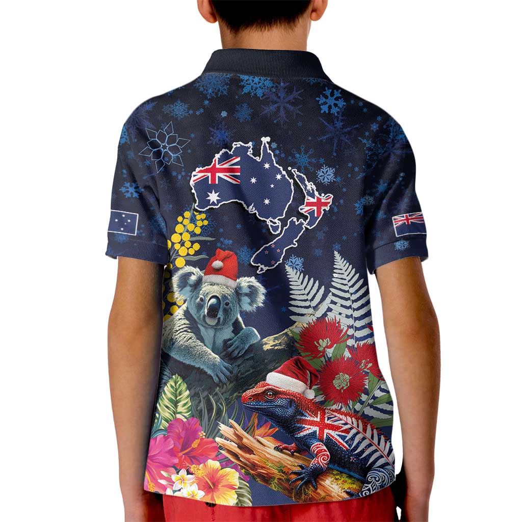 Australia and New Zealand Kid Polo Shirt Merry Christmas-Tuatara and Koala with Plants Xmas Style