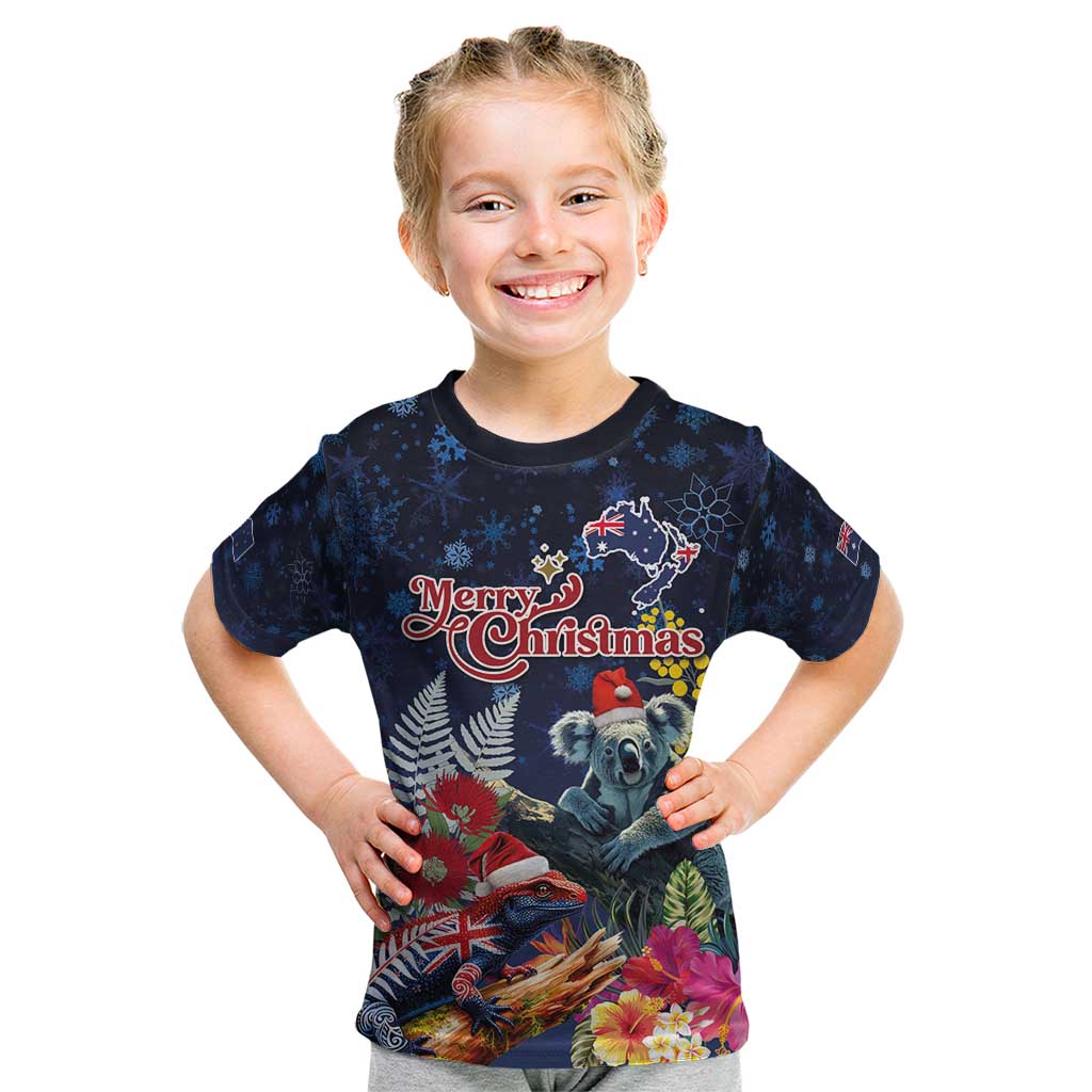 Australia and New Zealand Kid T Shirt Merry Christmas-Tuatara and Koala with Plants Xmas Style