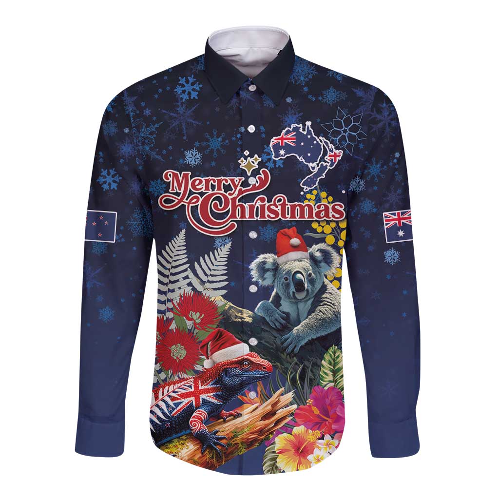 Australia and New Zealand Long Sleeve Button Shirt Merry Christmas-Tuatara and Koala with Plants Xmas Style