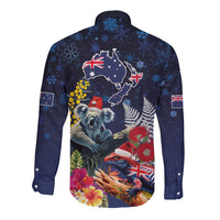 Australia and New Zealand Long Sleeve Button Shirt Merry Christmas-Tuatara and Koala with Plants Xmas Style
