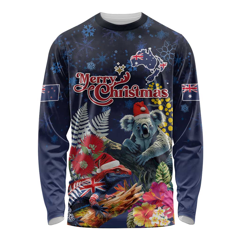 Australia and New Zealand Long Sleeve Shirt Merry Christmas-Tuatara and Koala with Plants Xmas Style