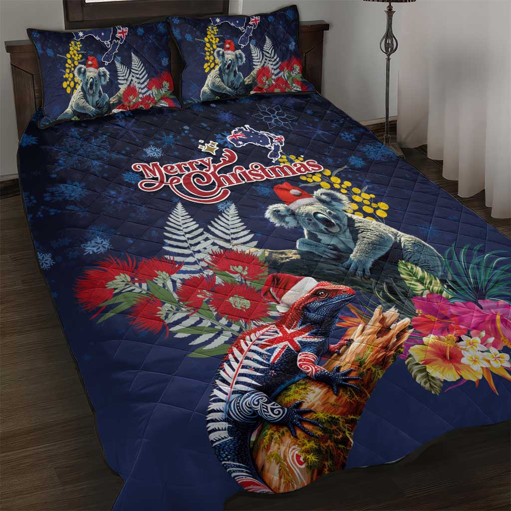 Australia and New Zealand Quilt Bed Set Merry Christmas-Tuatara and Koala with Plants Xmas Style