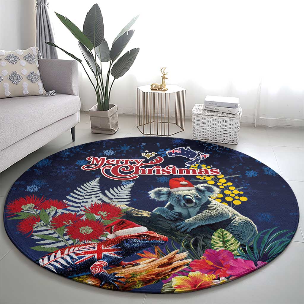 Australia and New Zealand Round Carpet Merry Christmas-Tuatara and Koala with Plants Xmas Style