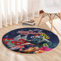Australia and New Zealand Round Carpet Merry Christmas-Tuatara and Koala with Plants Xmas Style