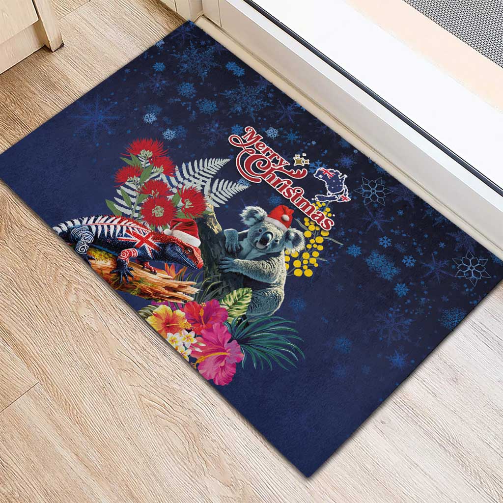Australia and New Zealand Rubber Doormat Merry Christmas-Tuatara and Koala with Plants Xmas Style