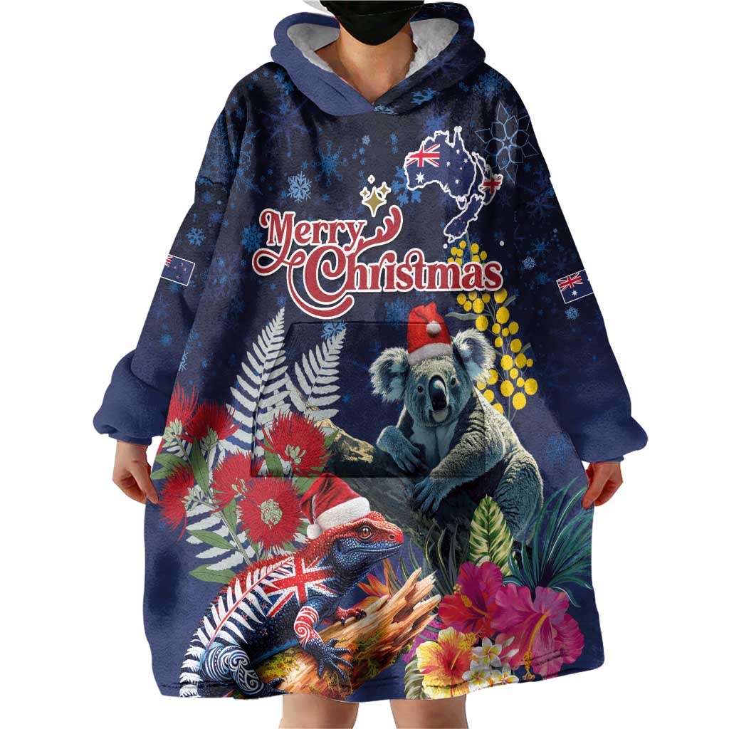 Australia and New Zealand Wearable Blanket Hoodie Merry Christmas-Tuatara and Koala with Plants Xmas Style