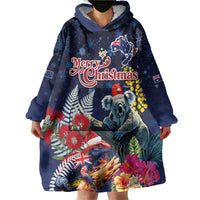 Australia and New Zealand Wearable Blanket Hoodie Merry Christmas-Tuatara and Koala with Plants Xmas Style