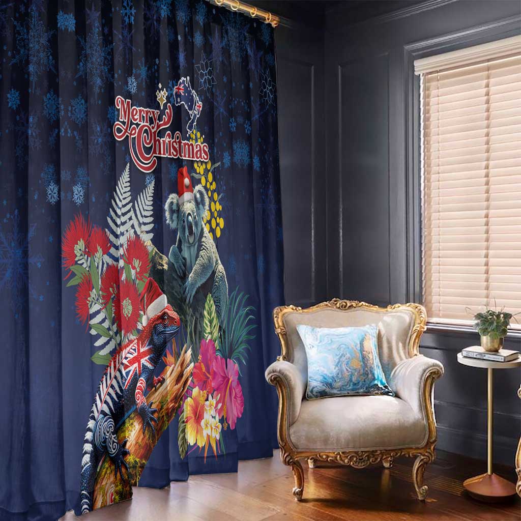 Australia and New Zealand Window Curtain Merry Christmas-Tuatara and Koala with Plants Xmas Style