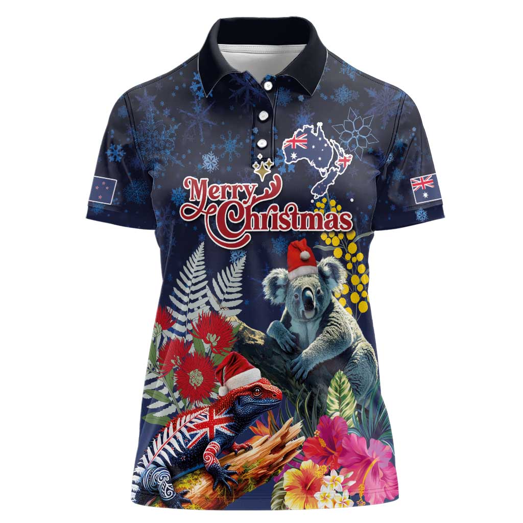 Australia and New Zealand Women Polo Shirt Merry Christmas-Tuatara and Koala with Plants Xmas Style