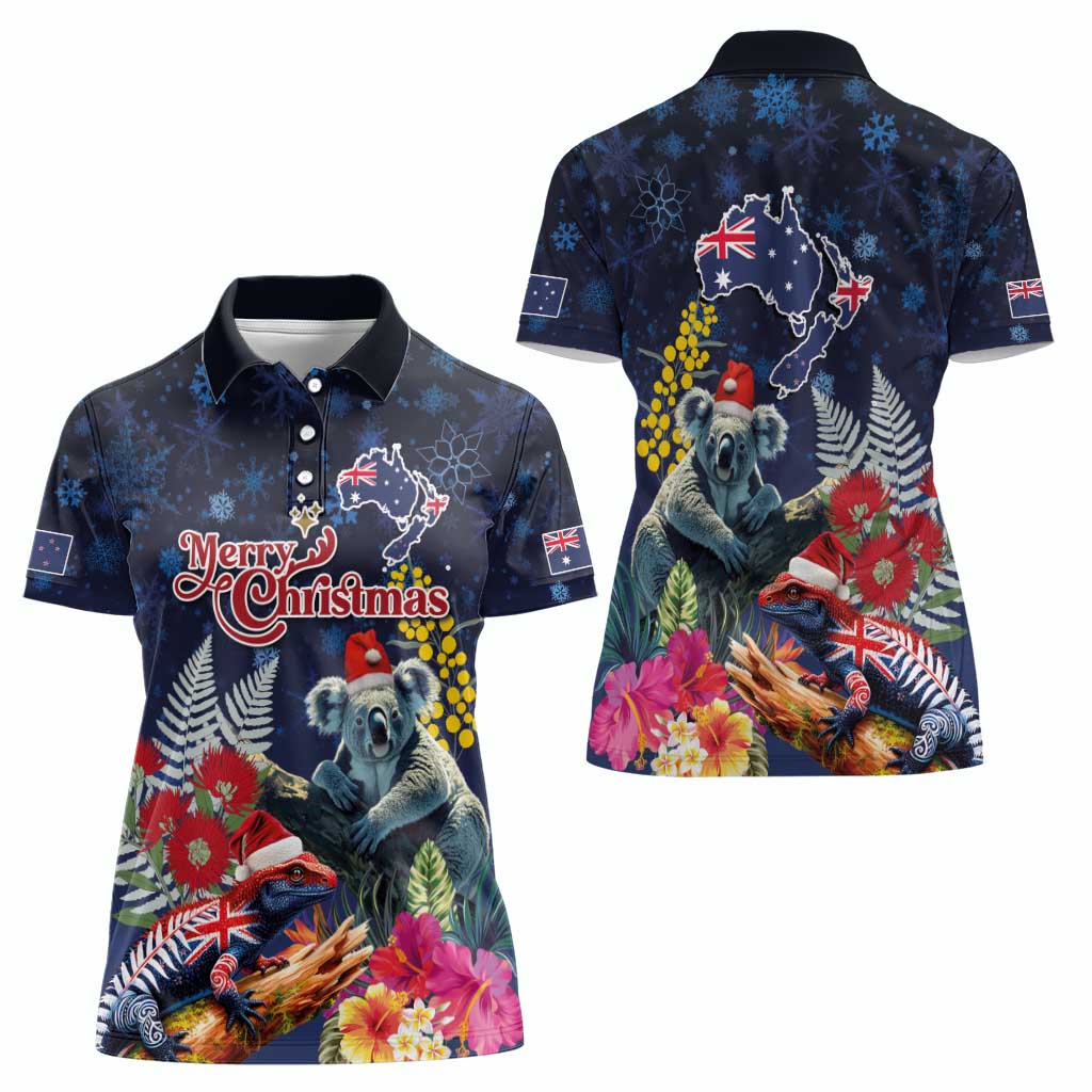 Australia and New Zealand Women Polo Shirt Merry Christmas-Tuatara and Koala with Plants Xmas Style