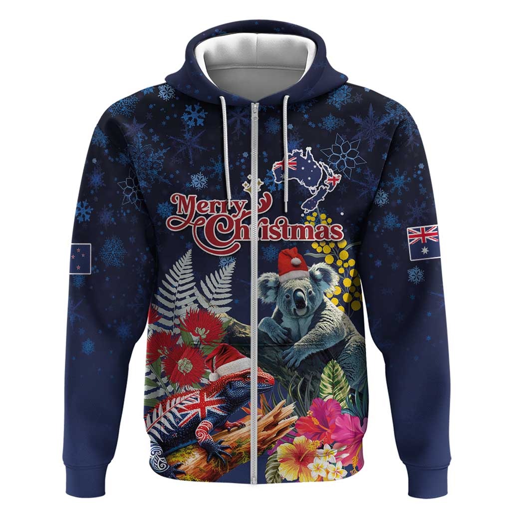 Australia and New Zealand Zip Hoodie Merry Christmas-Tuatara and Koala with Plants Xmas Style