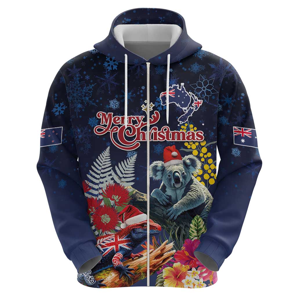 Australia and New Zealand Zip Hoodie Merry Christmas-Tuatara and Koala with Plants Xmas Style