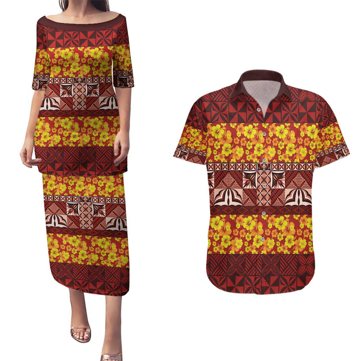 Samoa Siapo and Tapa Couples Matching Puletasi and Hawaiian Shirt Pacific Tribal Pattern with Hibiscus Striped Style LT03 Red - Polynesian Pride