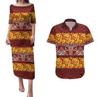 Samoa Siapo and Tapa Couples Matching Puletasi and Hawaiian Shirt Pacific Tribal Pattern with Hibiscus Striped Style LT03 Red - Polynesian Pride