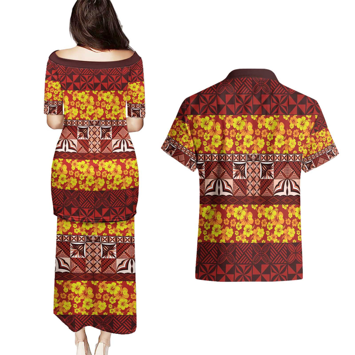 Samoa Siapo and Tapa Couples Matching Puletasi and Hawaiian Shirt Pacific Tribal Pattern with Hibiscus Striped Style LT03 - Polynesian Pride