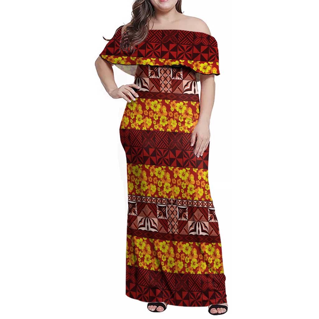 Samoa Siapo and Tapa Family Matching Off Shoulder Maxi Dress and Hawaiian Shirt Pacific Tribal Pattern with Hibiscus Striped Style