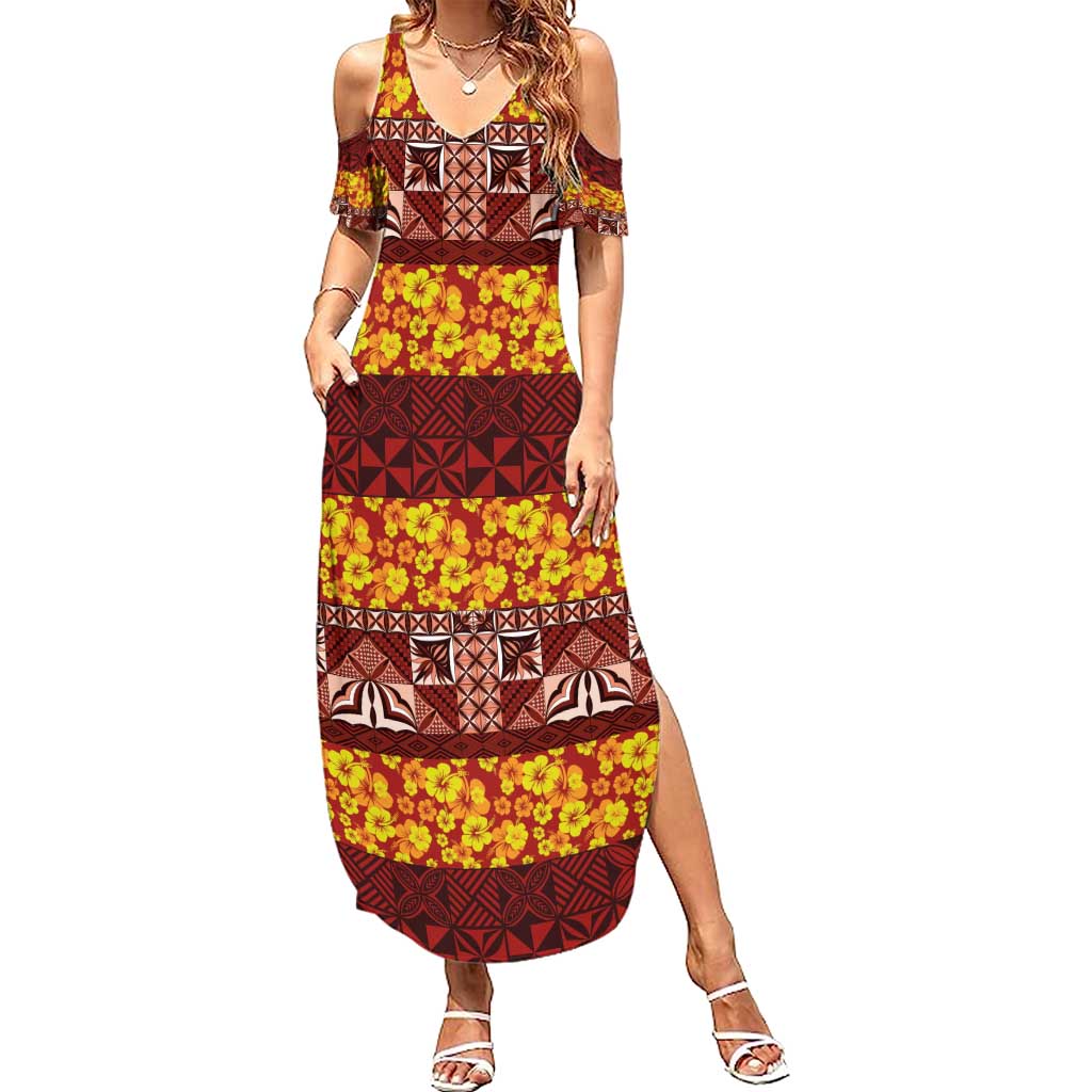 Samoa Siapo and Tapa Family Matching Summer Maxi Dress and Hawaiian Shirt Pacific Tribal Pattern with Hibiscus Striped Style