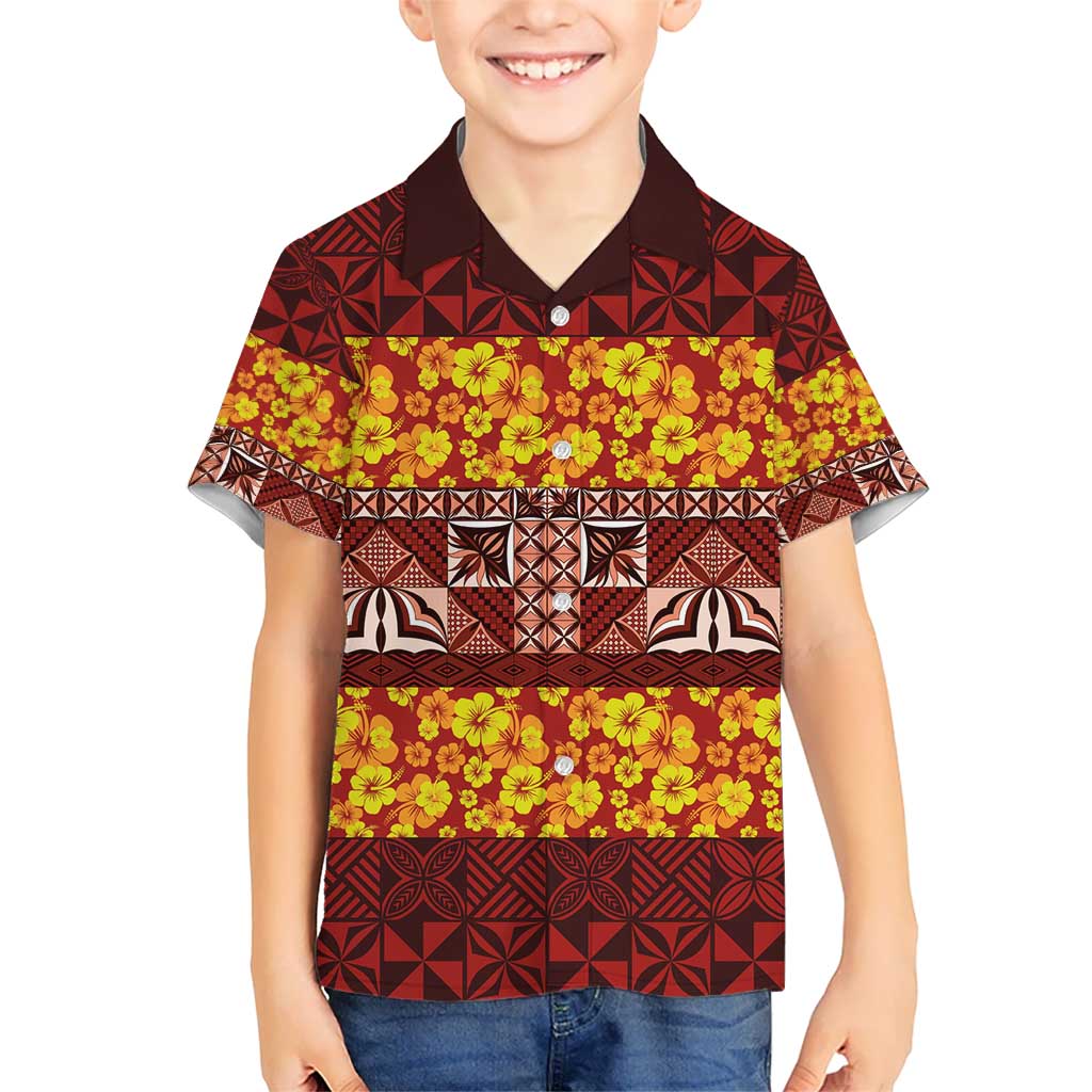 Samoa Siapo and Tapa Kid Hawaiian Shirt Pacific Tribal Pattern with Hibiscus Striped Style LT03 Kid Red - Polynesian Pride