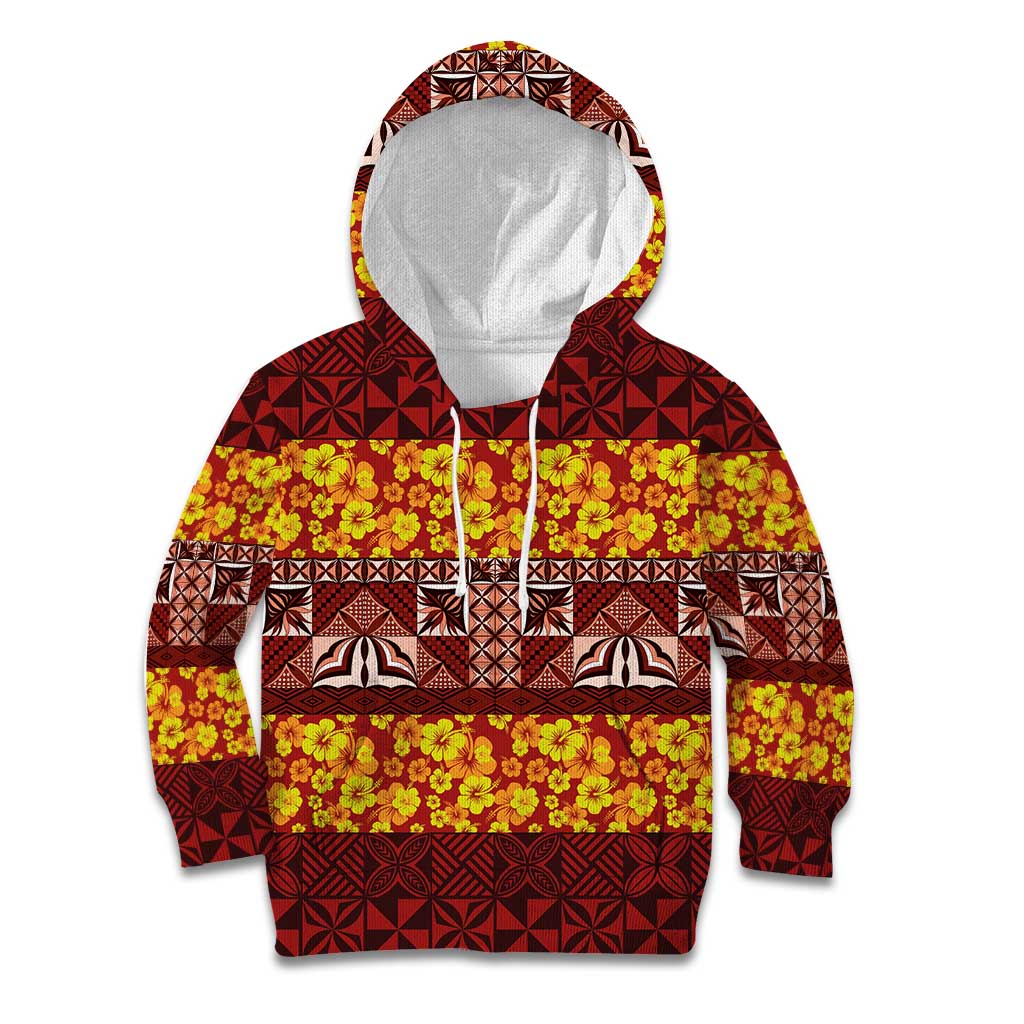 Samoa Siapo and Tapa Kid Hoodie Pacific Tribal Pattern with Hibiscus Striped Style LT03 Hoodie Red - Polynesian Pride