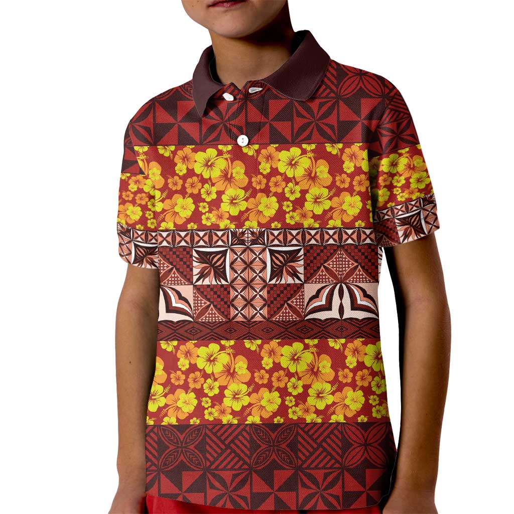 Samoa Siapo and Tapa Kid Polo Shirt - Pacific Tribal Pattern with Hibiscus Striped Style LT03 Kid Red - Polynesian Pride