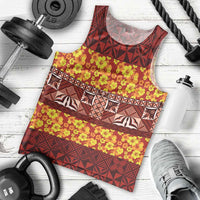 Samoa Siapo and Tapa Men Tank Top Pacific Tribal Pattern with Hibiscus Striped Style