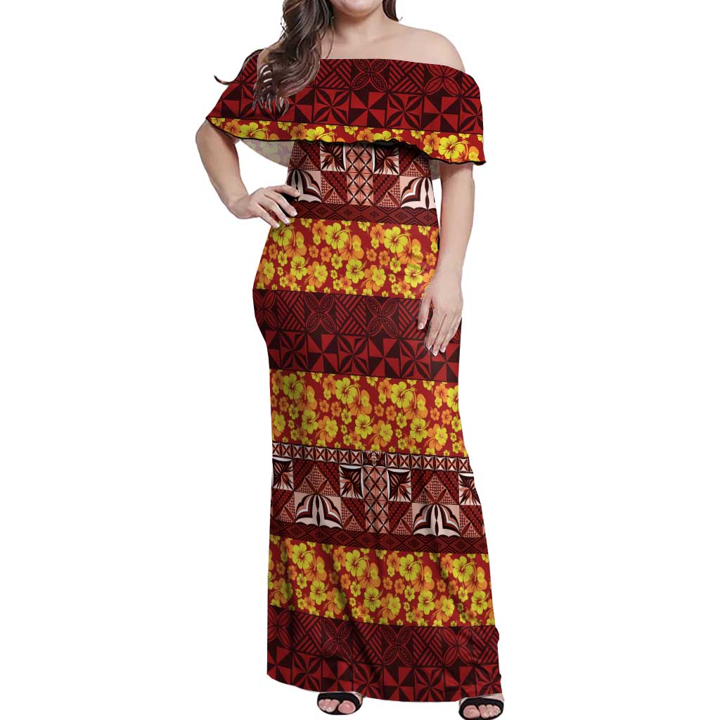 Samoa Siapo and Tapa Off Shoulder Maxi Dress Pacific Tribal Pattern with Hibiscus Striped Style LT03 Women Red - Polynesian Pride
