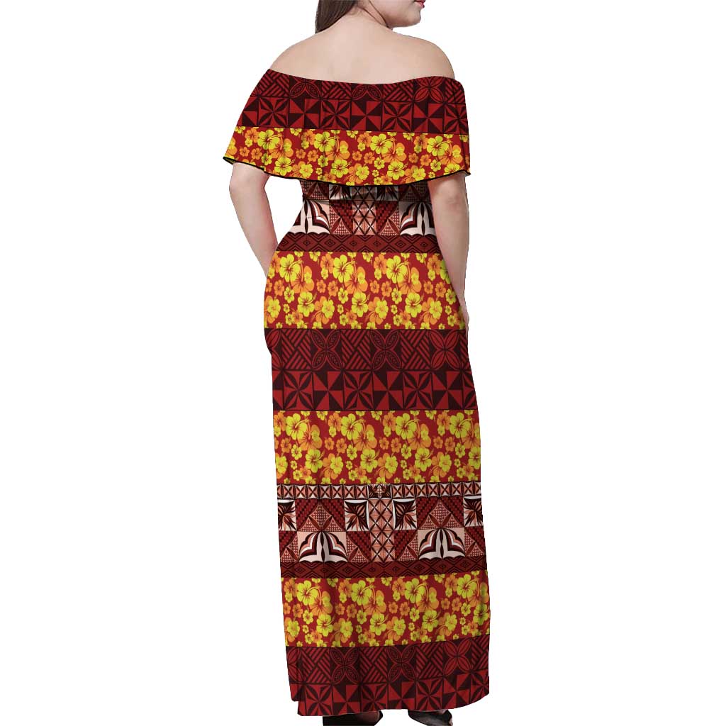 Samoa Siapo and Tapa Off Shoulder Maxi Dress Pacific Tribal Pattern with Hibiscus Striped Style LT03 - Polynesian Pride