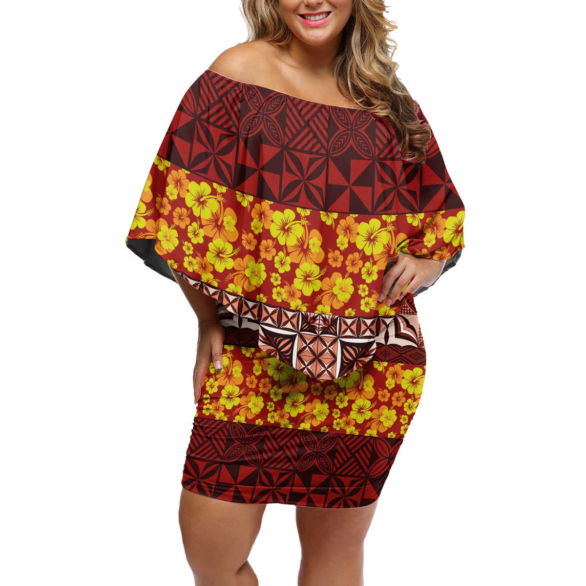 Samoa Siapo and Tapa Off Shoulder Short Dress Pacific Tribal Pattern with Hibiscus Striped Style LT03 Women Red - Polynesian Pride