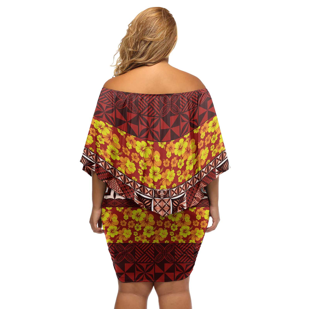 Samoa Siapo and Tapa Off Shoulder Short Dress Pacific Tribal Pattern with Hibiscus Striped Style LT03 - Polynesian Pride