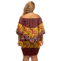 Samoa Siapo and Tapa Off Shoulder Short Dress Pacific Tribal Pattern with Hibiscus Striped Style LT03 - Polynesian Pride