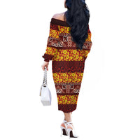 Samoa Siapo and Tapa Off The Shoulder Long Sleeve Dress Pacific Tribal Pattern with Hibiscus Striped Style