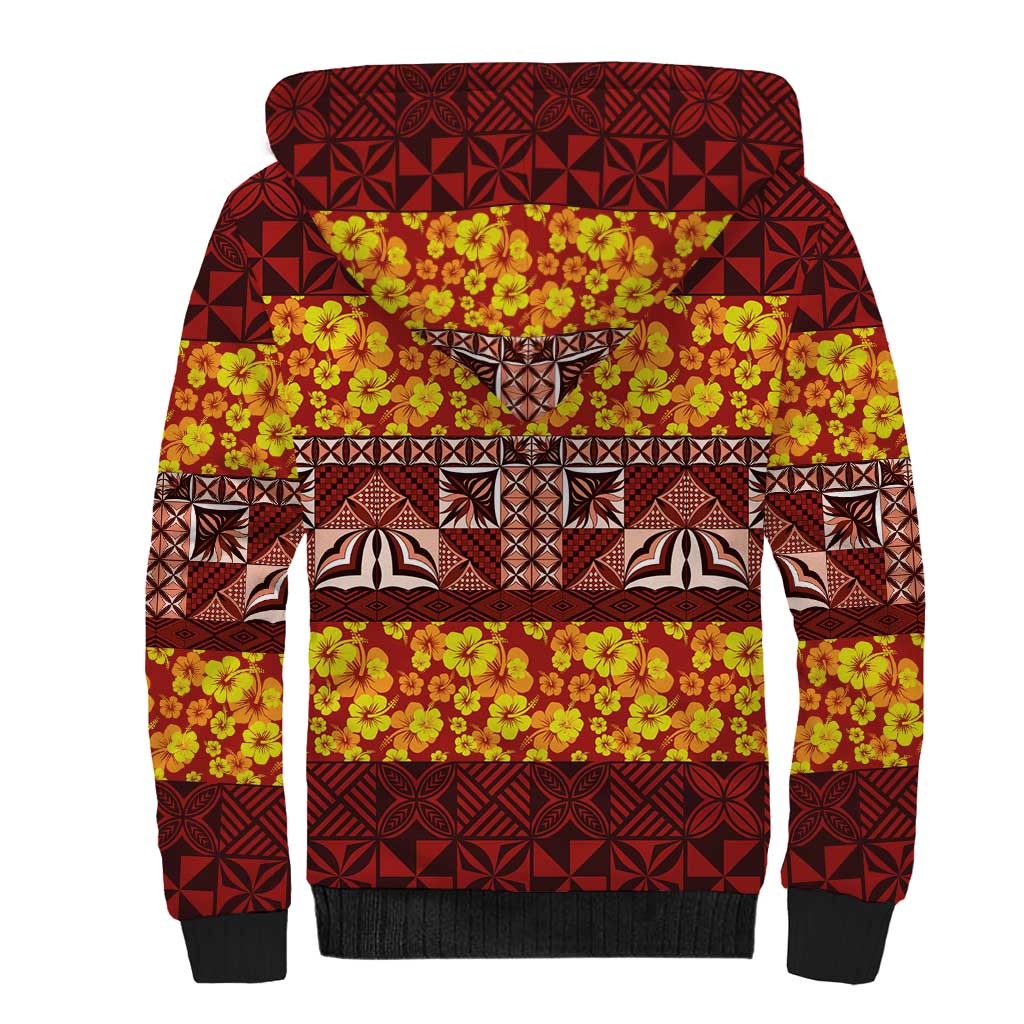 Samoa Siapo and Tapa Sherpa Hoodie Pacific Tribal Pattern with Hibiscus Striped Style