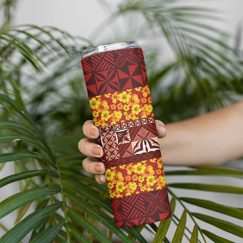 Samoa Siapo and Tapa Skinny Tumbler Pacific Tribal Pattern with Hibiscus Striped Style