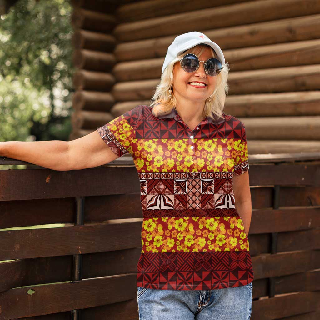 Samoa Siapo and Tapa Women Polo Shirt Pacific Tribal Pattern with Hibiscus Striped Style