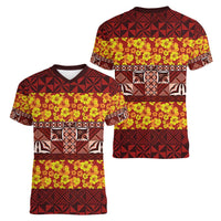 Samoa Siapo and Tapa Women V-Neck T-Shirt Pacific Tribal Pattern with Hibiscus Striped Style