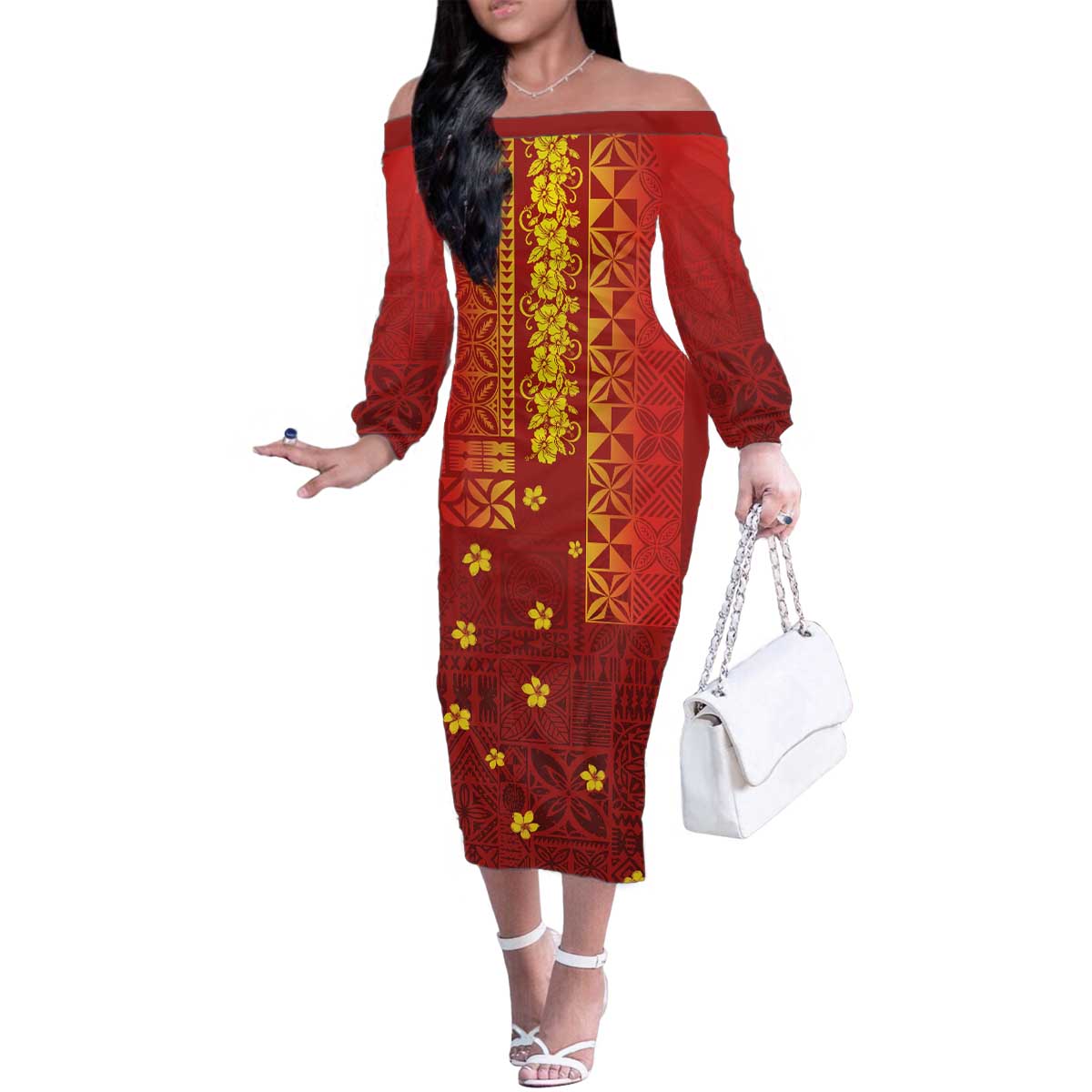 Samoa Tapa Pacific Tribal Pattern Family Matching Off The Shoulder Long Sleeve Dress and Hawaiian Shirt Hibiscus and Plumeria