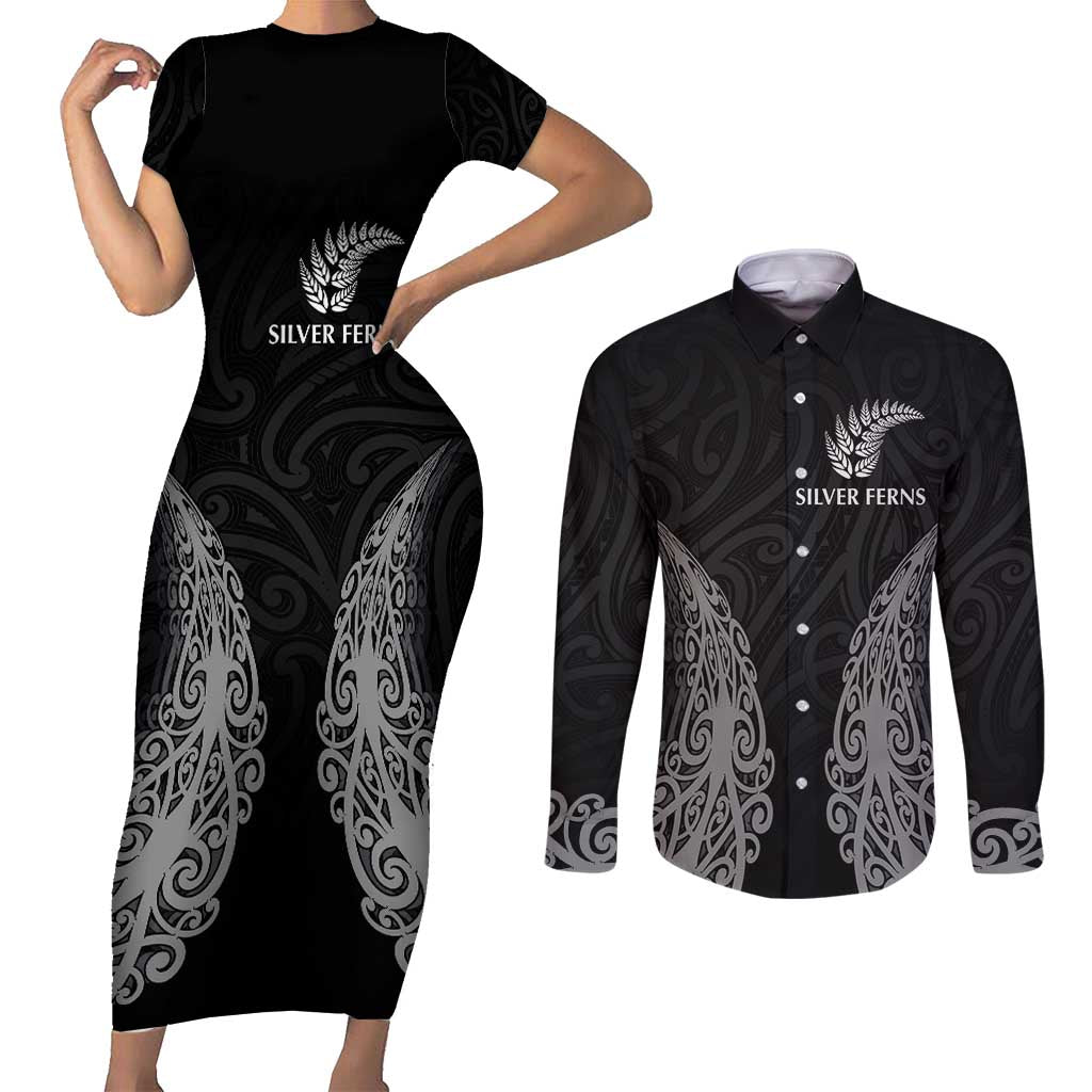 New Zealand Netball Couples Matching Short Sleeve Bodycon Dress and Long Sleeve Button Shirt Koru and Maori Tattoo Jersey LT03 Black - Polynesian Pride