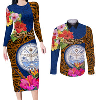 personalised-marshall-islands-manit-day-couples-matching-long-sleeve-bodycon-dress-and-long-sleeve-button-shirts-marshall-seal-mix-hibiscus-flower-maori-pattern-style
