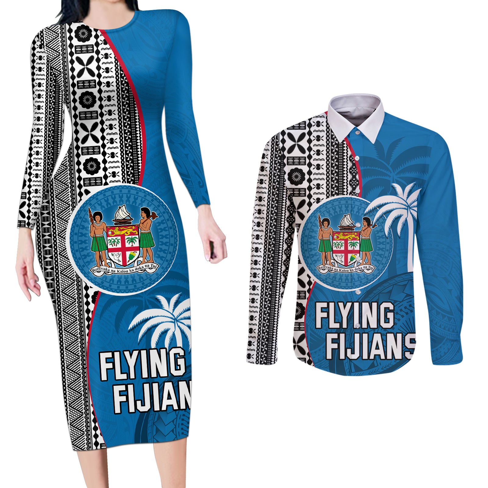 fiji-rugby-couples-matching-long-sleeve-bodycon-dress-and-long-sleeve-button-shirts-coat-of-arms-palm-tree-mix-polynesia-tapa-pattern