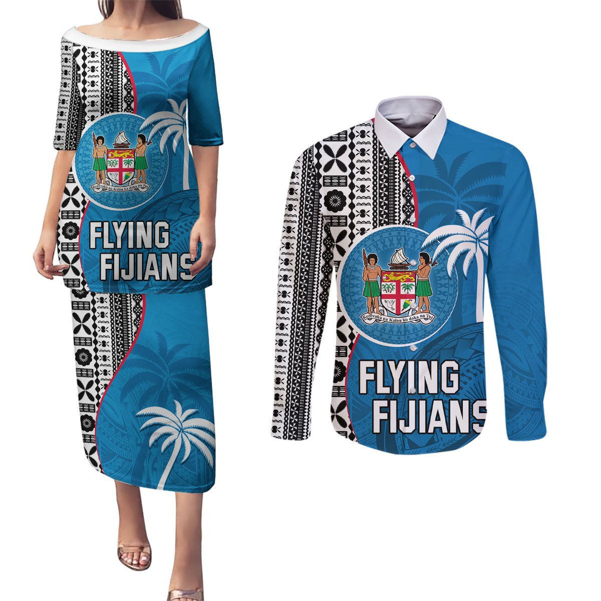 Fiji Rugby Couples Matching Puletasi Dress and Long Sleeve Button Shirts Coat of Arms Palm Tree Mix Polynesia Tapa Pattern LT03 Blue - Polynesian Pride