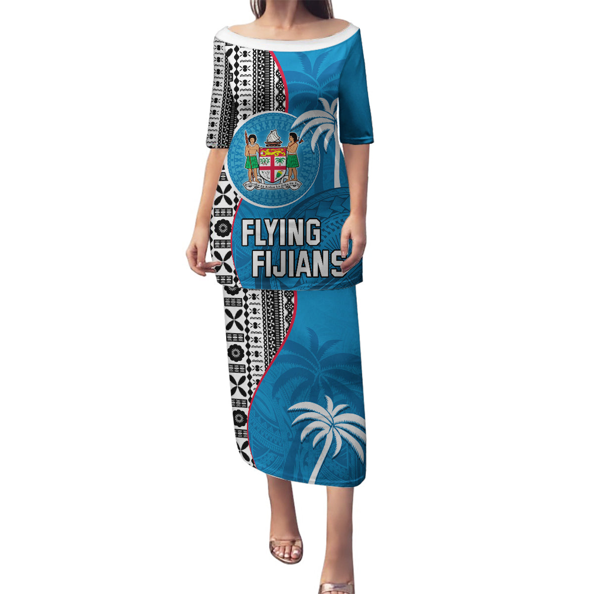 Fiji Rugby Family Matching Puletasi Dress and Hawaiian Shirt Coat of Arms Palm Tree Mix Polynesia Tapa Pattern LT03 Mom's Dress Blue - Polynesian Pride