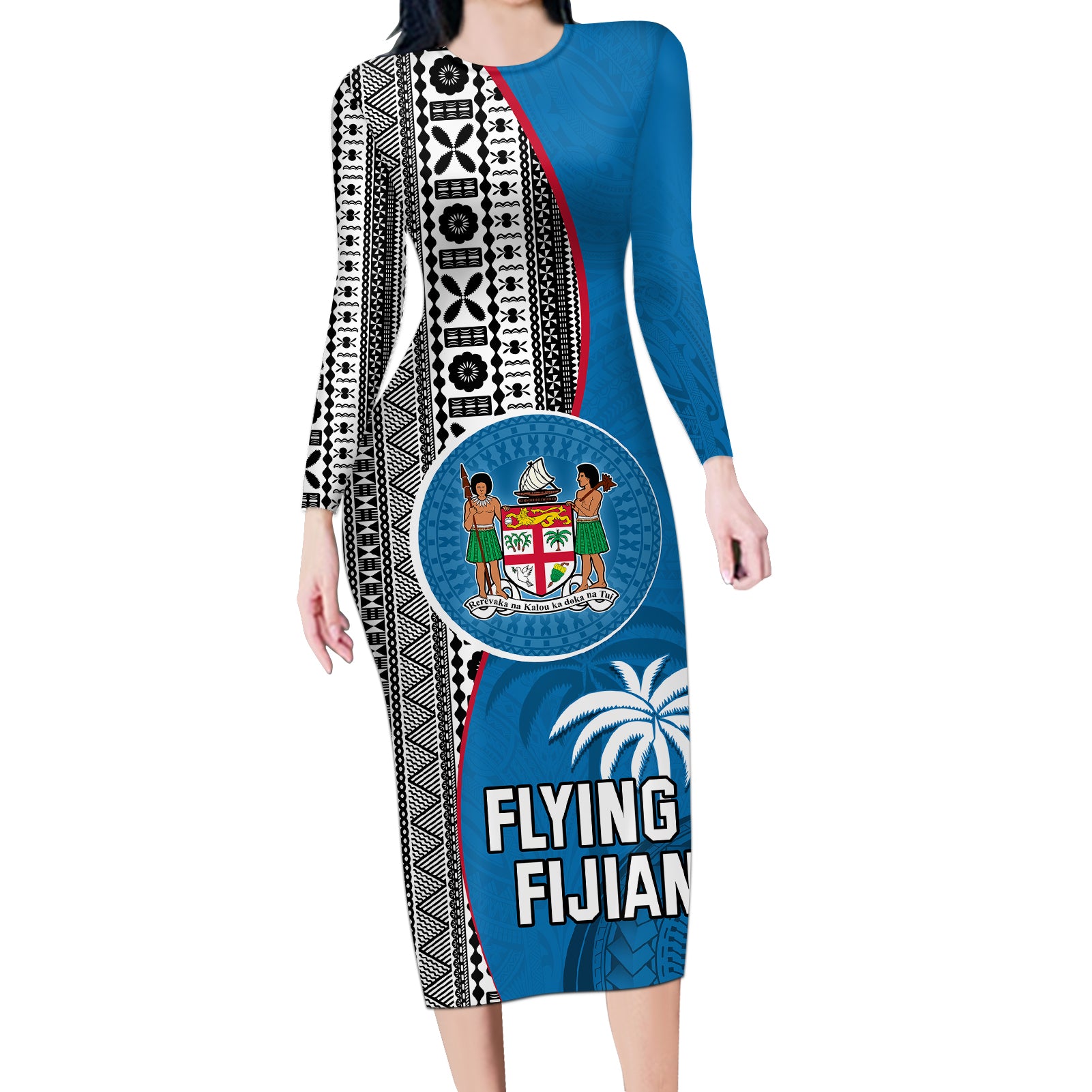 fiji-rugby-long-sleeve-bodycon-dress-coat-of-arms-palm-tree-mix-polynesia-tapa-pattern